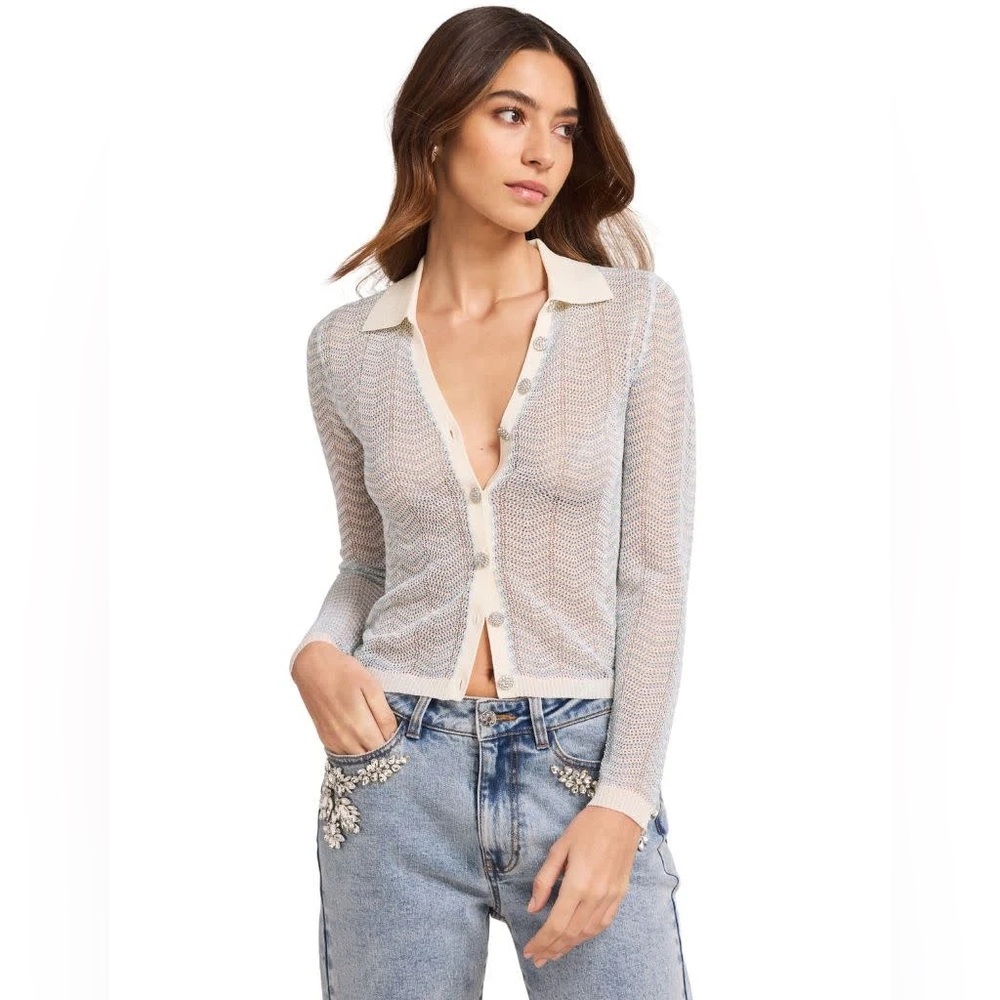 Generation Love Megan Pointelle Cardigan Metallic Aqua White Size M